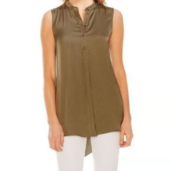 Vince Camuto Womens Green Rumpled Sleeveless Henley Tunic - Picture 2 of 4